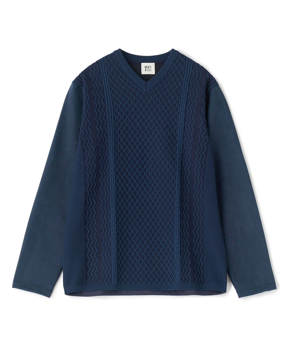 MEN'S BIGI アランパネル ニットコンビVネックロングTEE ネイビー