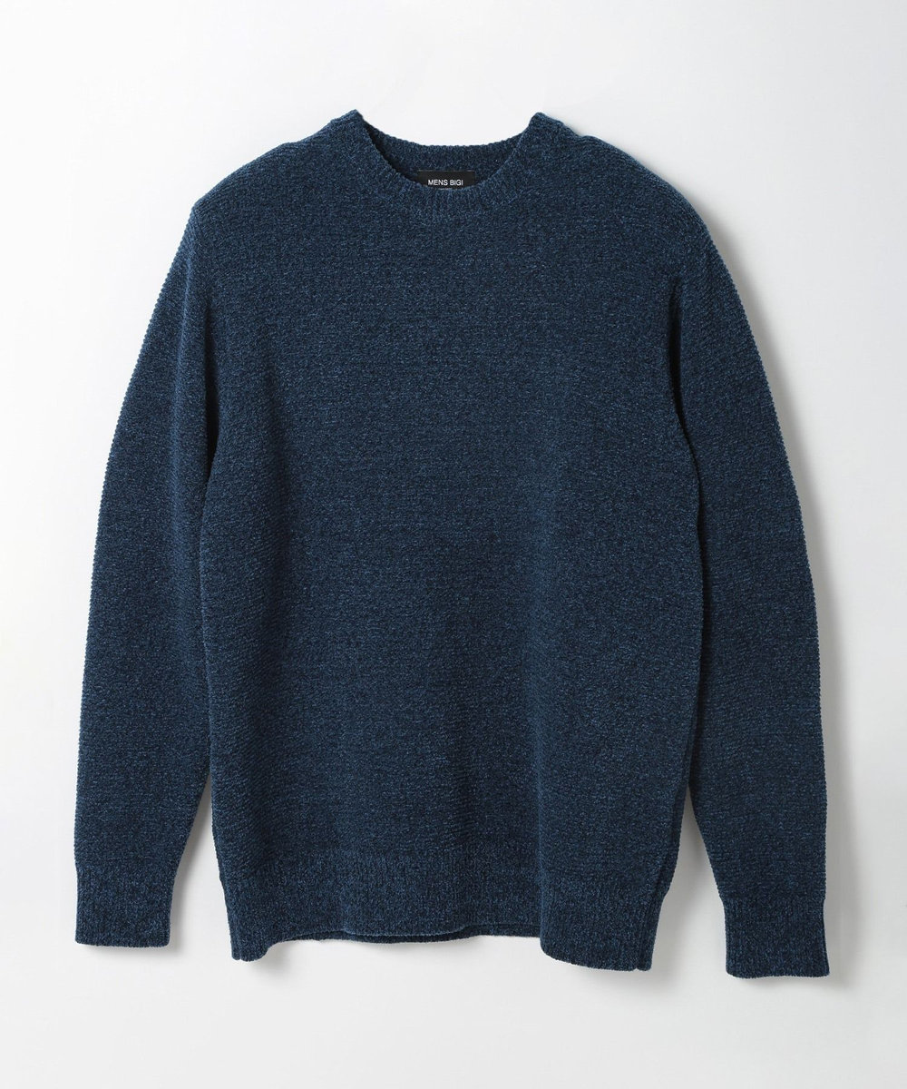 MEN'S BIGI 7G撚糸モールガータークルーネックニット ブルー