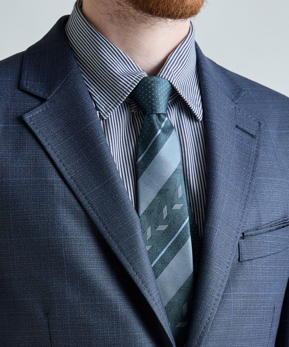 MEN'S BIGI 幾何学ストライプ×ピンドット クレリックタイ ターコイズブルー