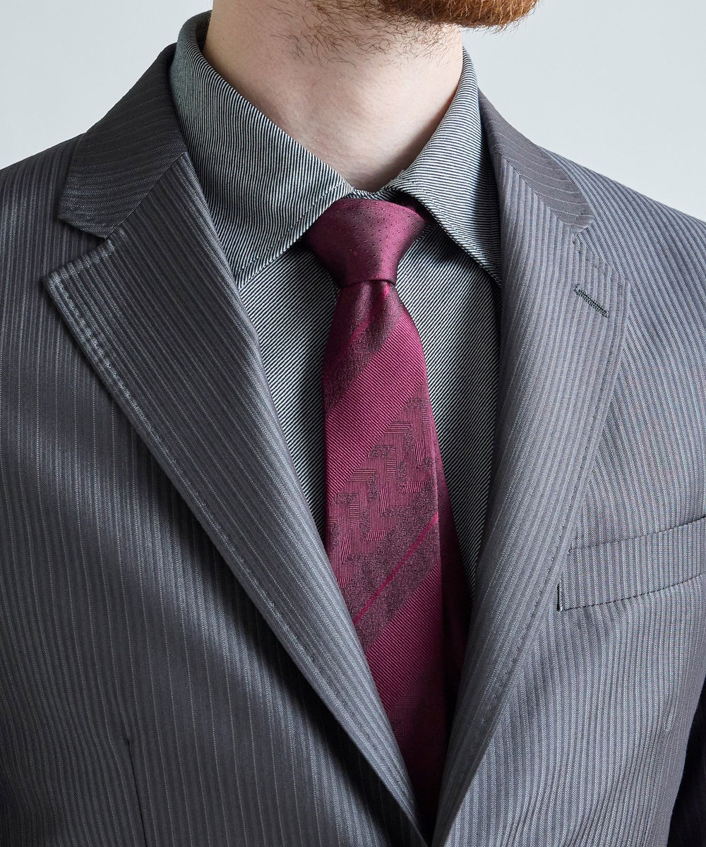 MEN'S BIGI 幾何学ストライプ×ピンドット クレリックタイ ボルドー