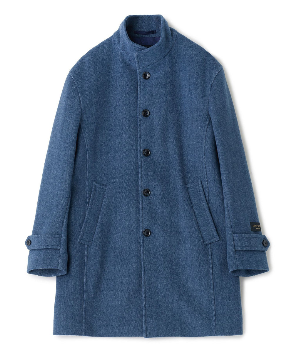 MEN'S BIGI スーパー140ウールビーバーヘリンボーンスタンドカラーコート ブルー