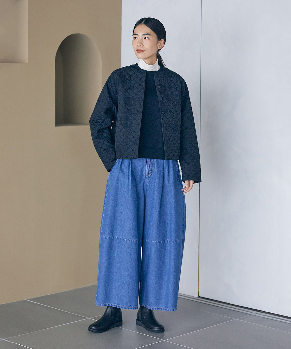 LOISIR コットンリネンキルティング風刺繍ノーカラージャケット ブラック