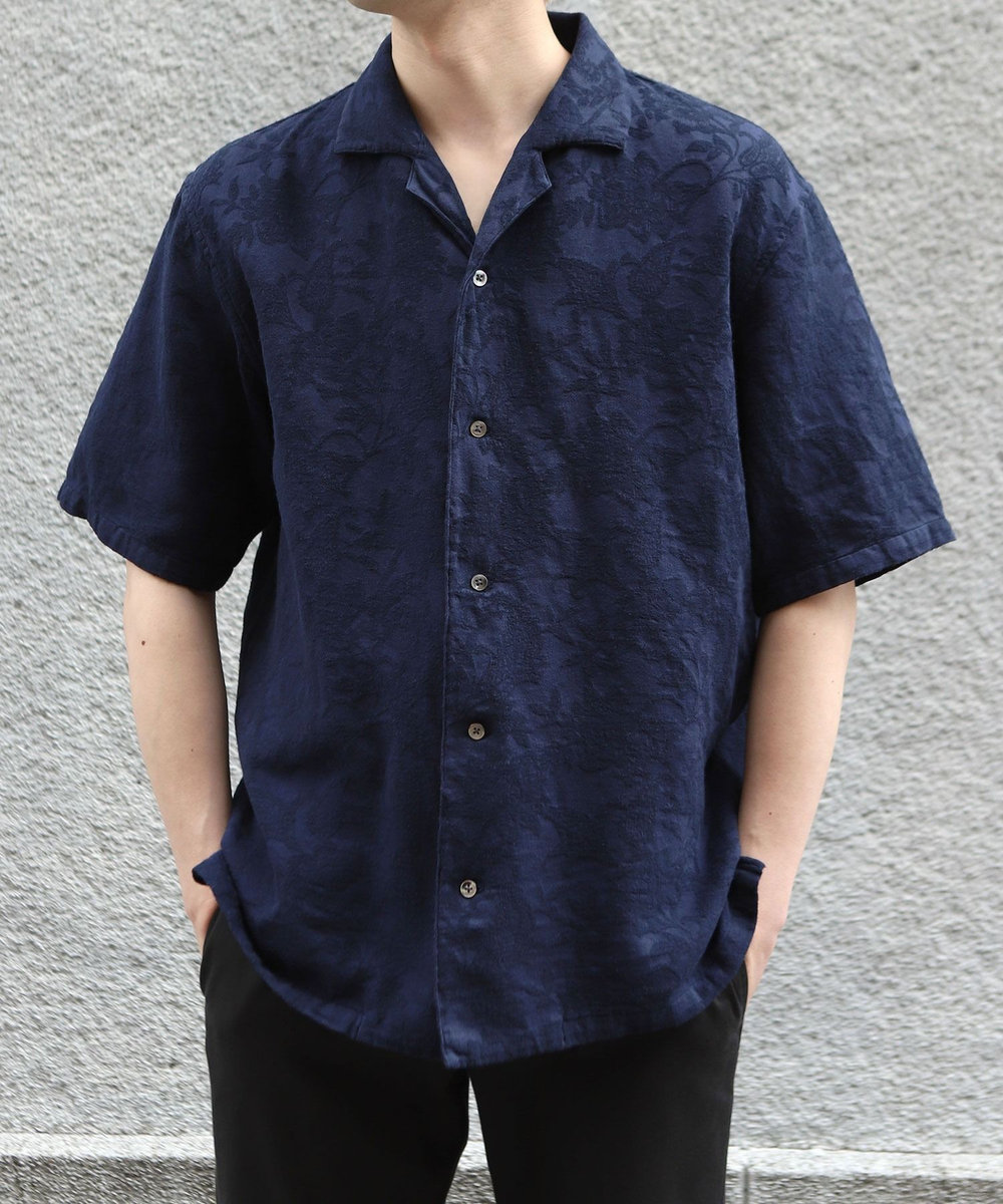 MEN'S BIGI ペイズリージャカード/透かし柄オープンカラー半袖シャツ ネイビー