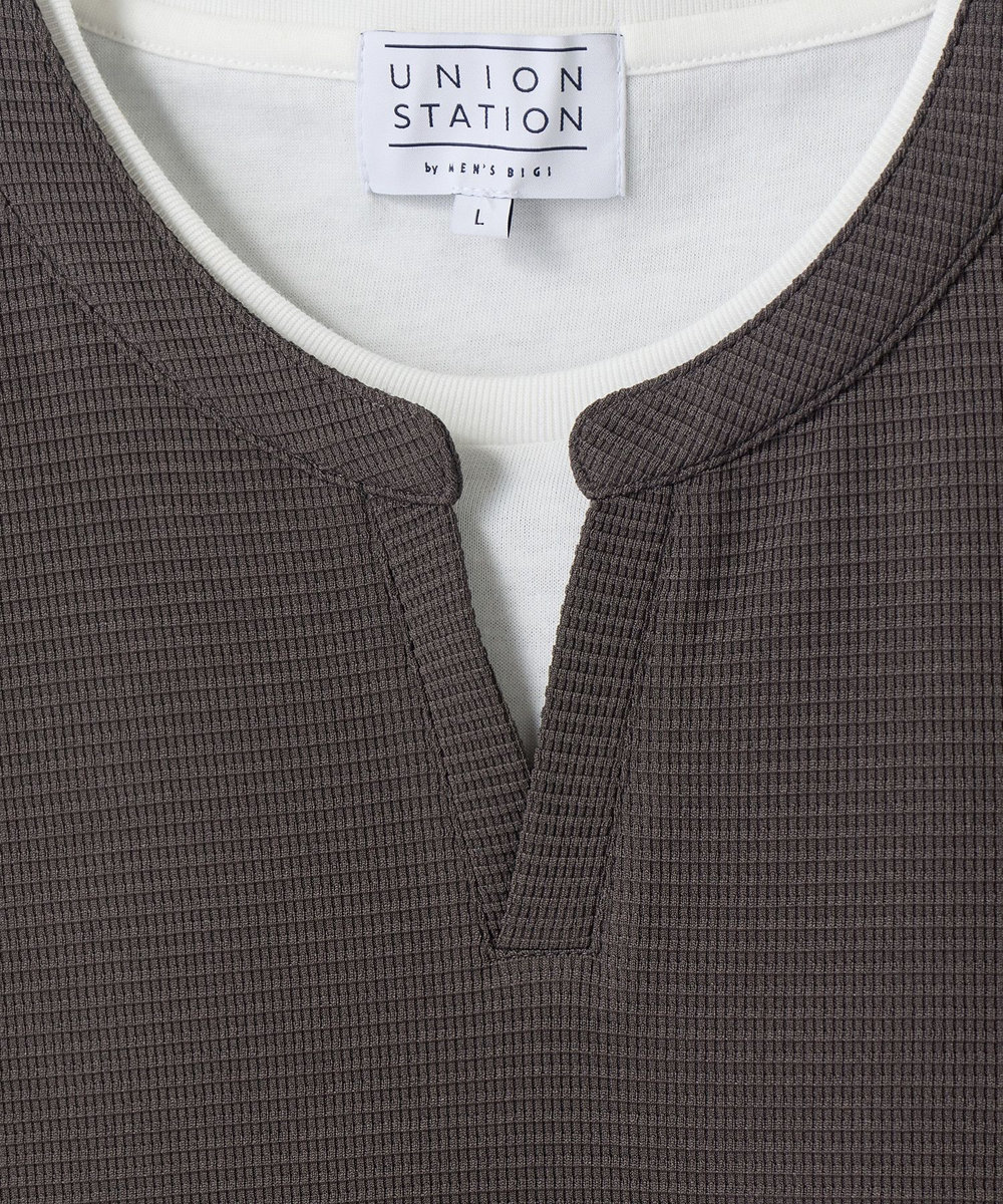 UNION STATION 	ミニワッフルキーネックレイヤードTシャツ チャコールグレー