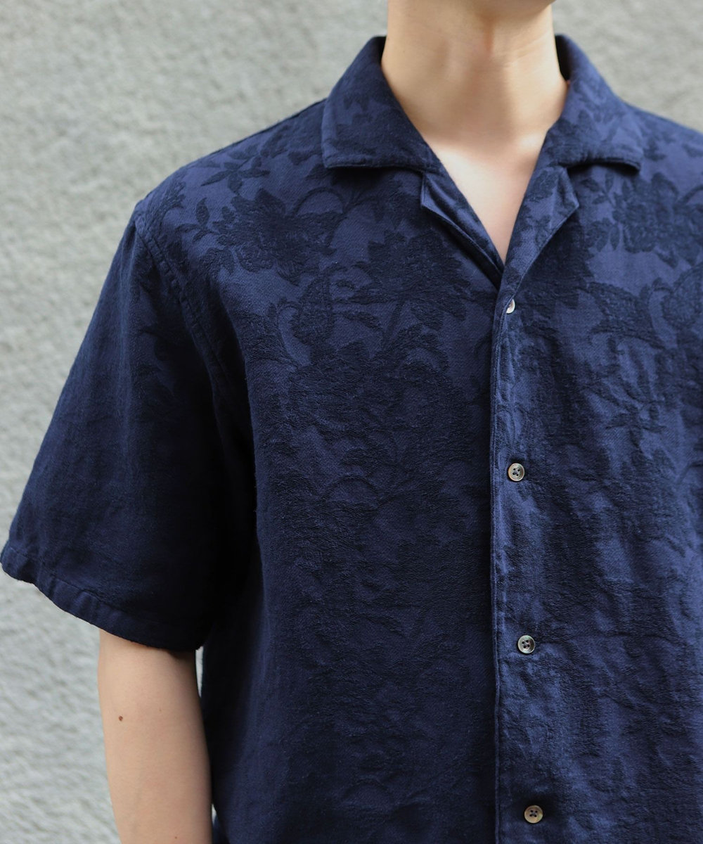 MEN'S BIGI ペイズリージャカード/透かし柄オープンカラー半袖シャツ ネイビー