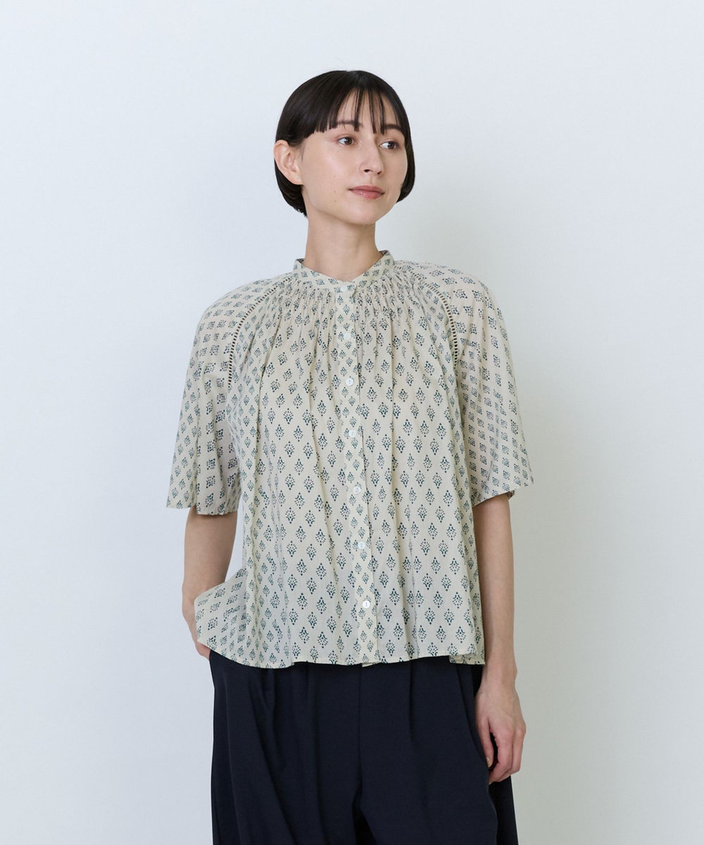 LOISIR インドコットンボイル小紋柄プリントブラウス ベージュ系その他