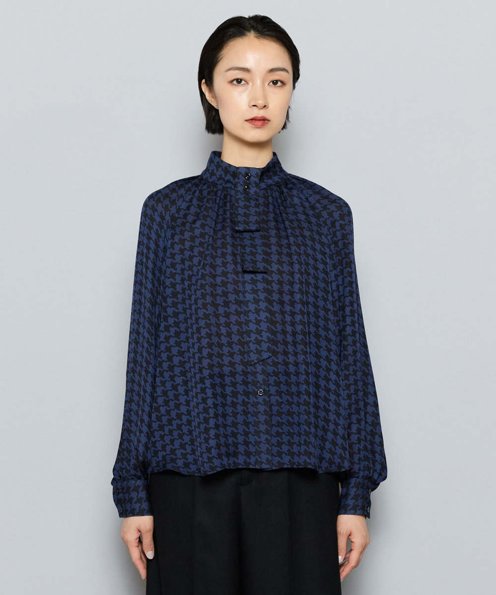 L'EQUIPE COUTURIER シルクジョーゼットハウンドトゥースPtブラウス ネイビー