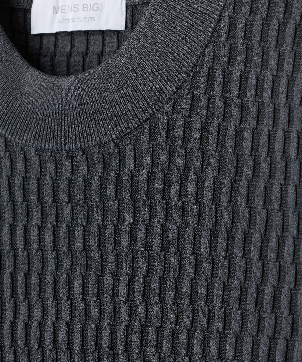 MEN'S BIGI ブリスタージャカード 変形ケーブルモックネックロングTEE チャコールグレー