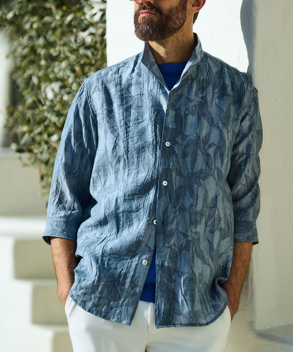 MEN'S BIGI 総柄シアージャカード7分袖オープンカラーシャツ ブルー