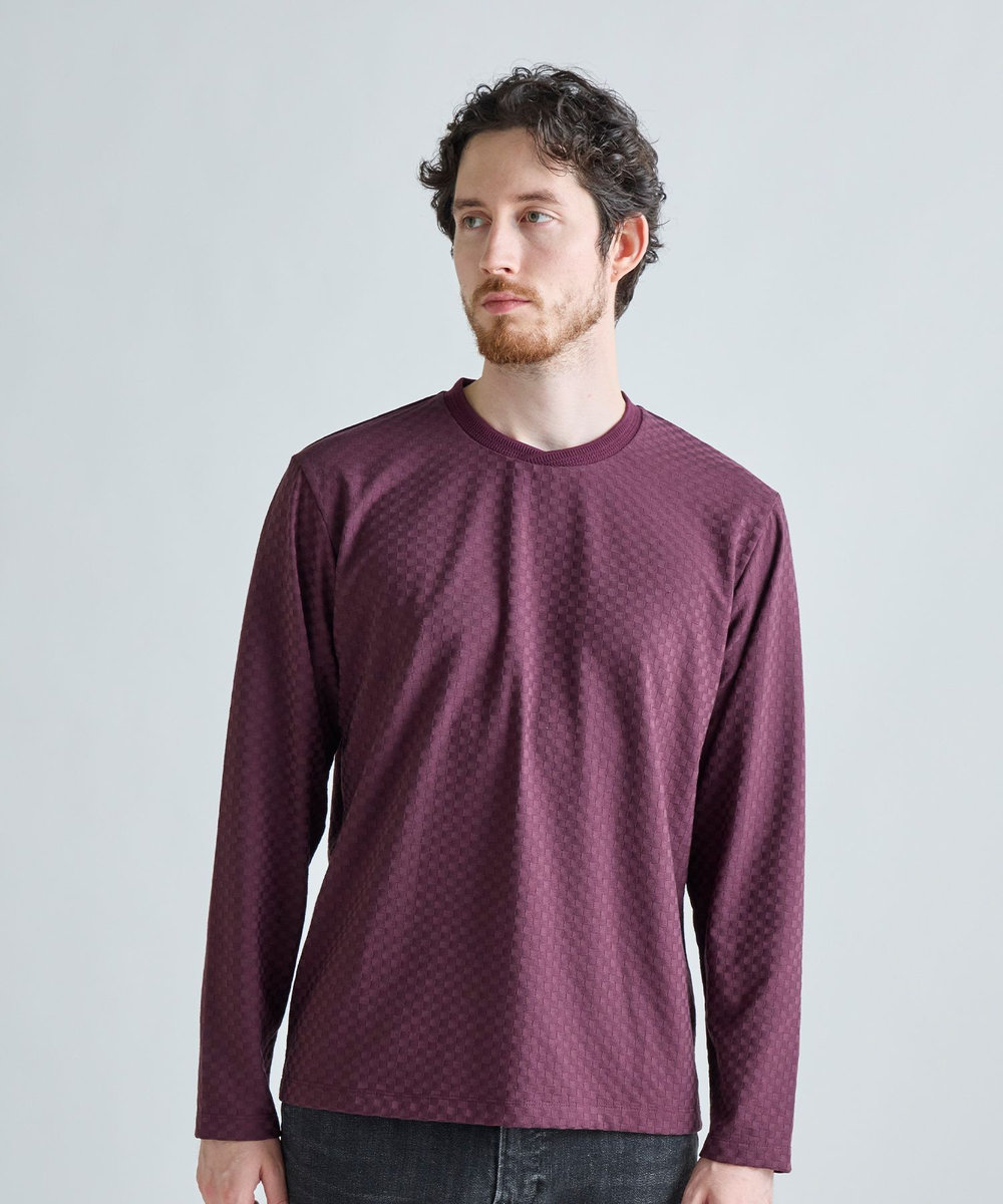 MEN'S BIGI リンクスジャカード 変形クルーネックロングTシャツ［抗菌防臭］ ボルドー