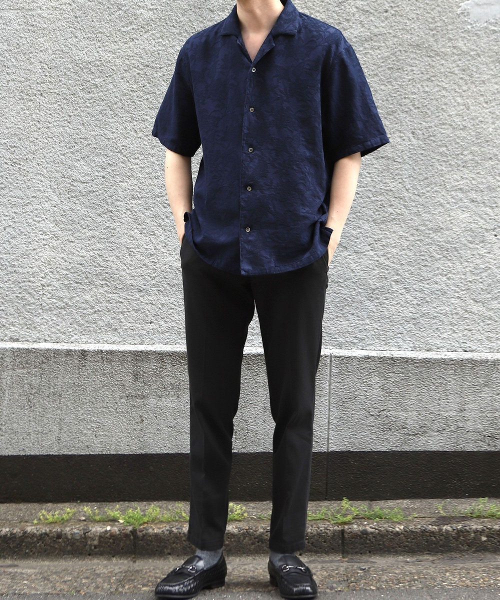 MEN'S BIGI ペイズリージャカード/透かし柄オープンカラー半袖シャツ ネイビー