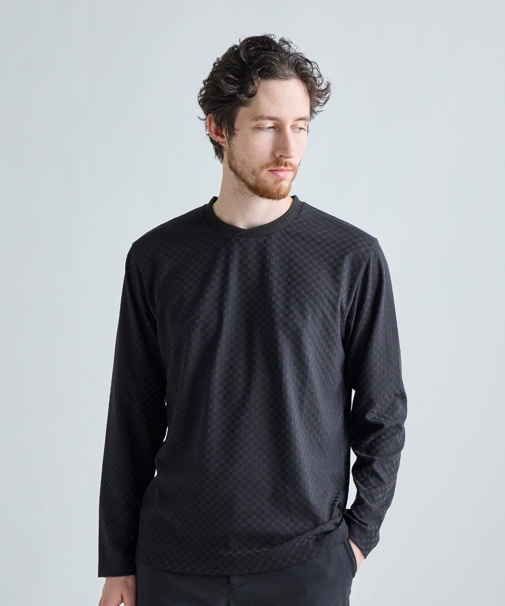MEN'S BIGI リンクスジャカード 変形クルーネックロングTシャツ［抗菌防臭］ ブラック