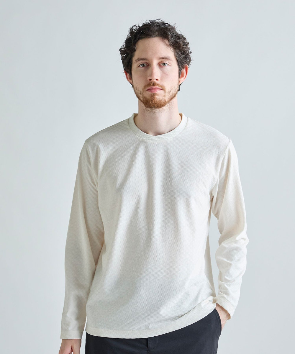MEN'S BIGI リンクスジャカード 変形クルーネックロングTシャツ［抗菌防臭］ ホワイト