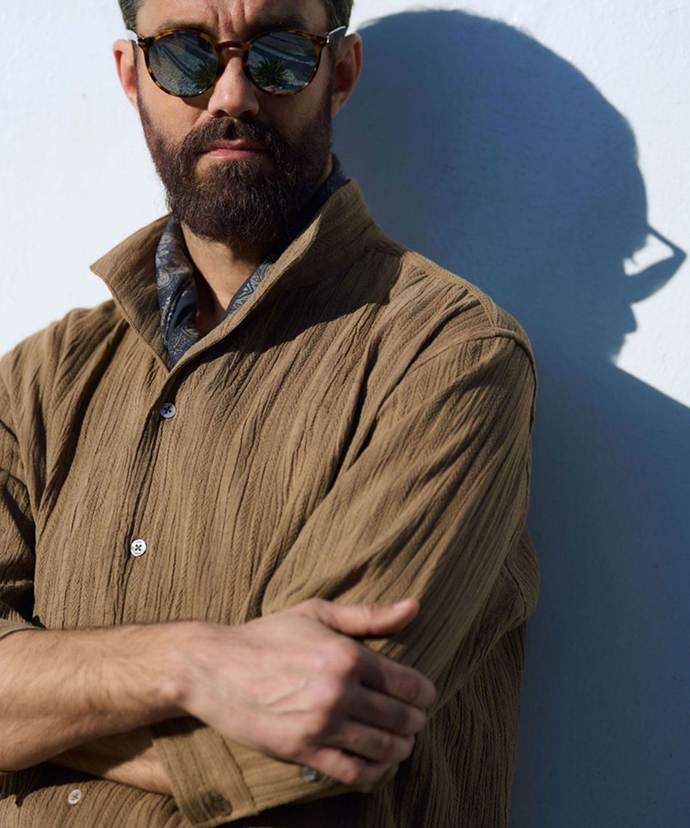 MEN'S BIGI 総柄シアージャカード7分袖オープンカラーシャツ ブラウン