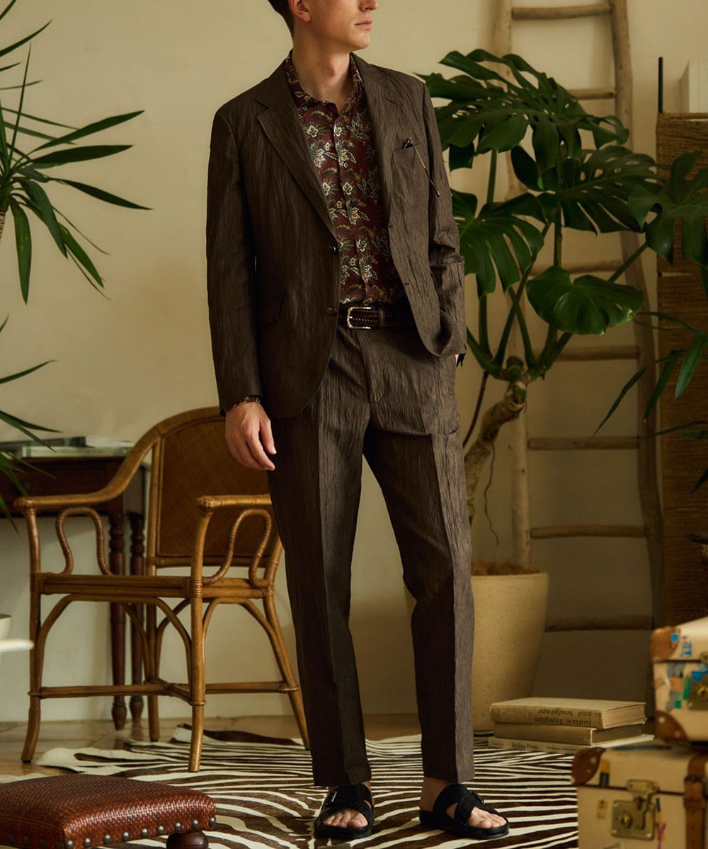 MEN'S BIGI コットンリネン楊柳サッカージャケット ブラウン