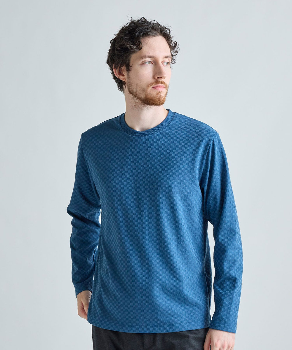 MEN'S BIGI リンクスジャカード 変形クルーネックロングTシャツ［抗菌防臭］ ブルー