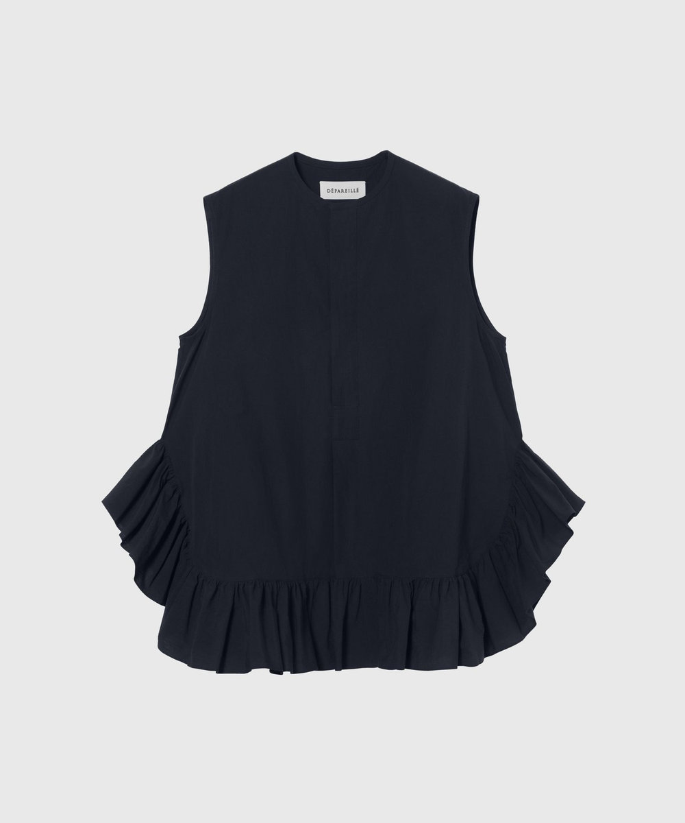 DÉPAREILLÉ COTTON RUFFLE HEM SLEEVELESS BLOUSE / コットンラッフルヘムスリーブブラウス ネイビー