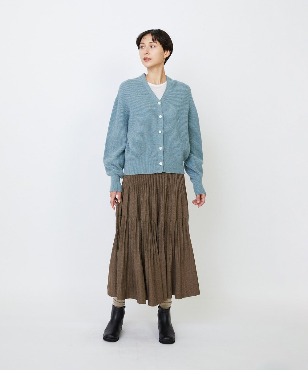 LOISIR ラムウール片畦ショートカーディガン サックスブルー