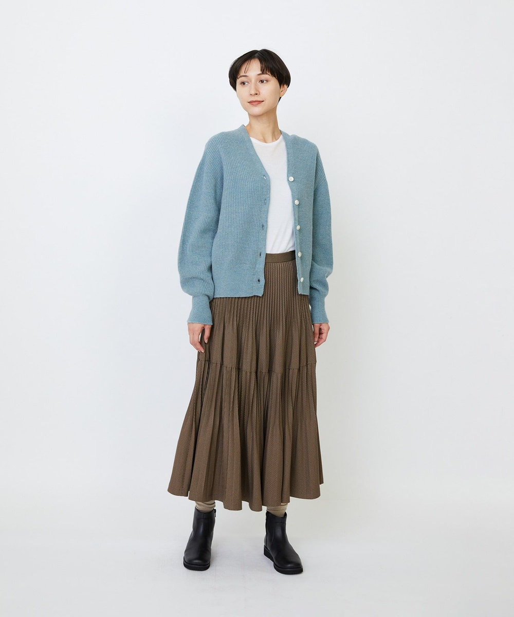 LOISIR ラムウール片畦ショートカーディガン サックスブルー