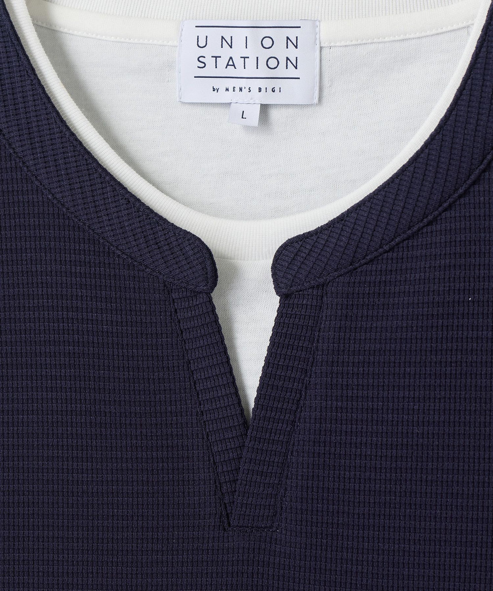 UNION STATION 	ミニワッフルキーネックレイヤードTシャツ ネイビー