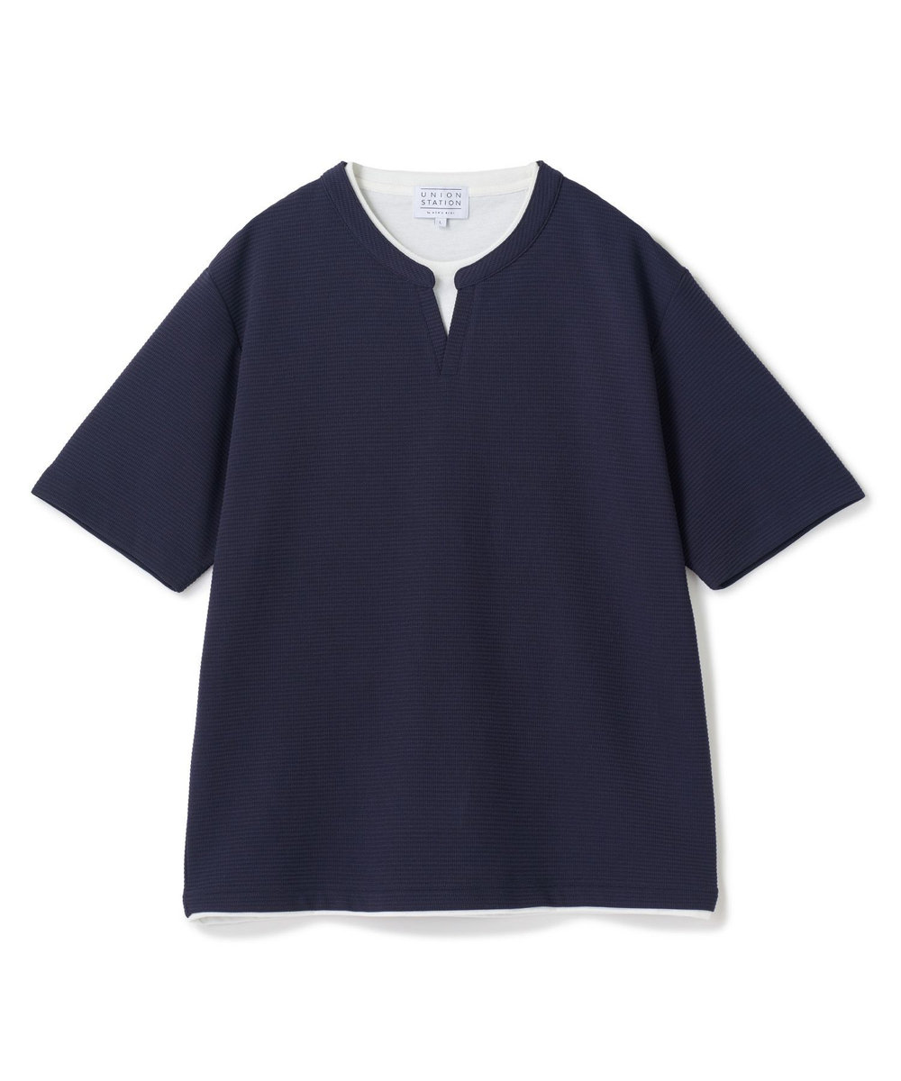UNION STATION 	ミニワッフルキーネックレイヤードTシャツ ネイビー