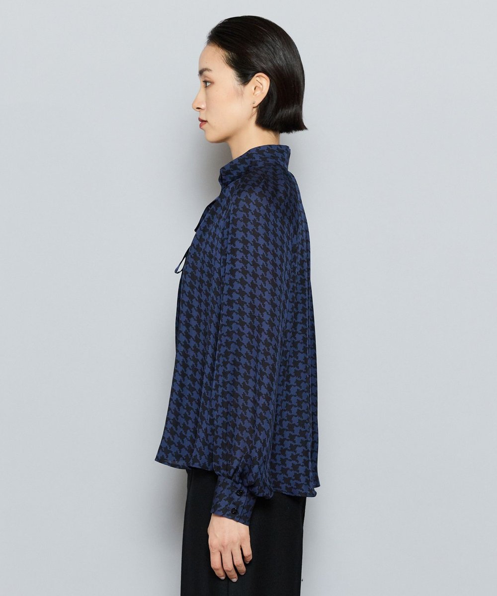 L'EQUIPE COUTURIER シルクジョーゼットハウンドトゥースPtブラウス ネイビー