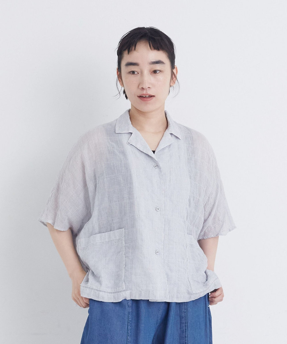 congés payés ADIEU TRISTESSE 【FAVE】シャーリングオープンカラーシャツジャケット ストライプ