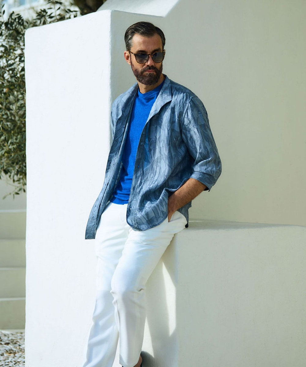 MEN'S BIGI 総柄シアージャカード7分袖オープンカラーシャツ ブルー