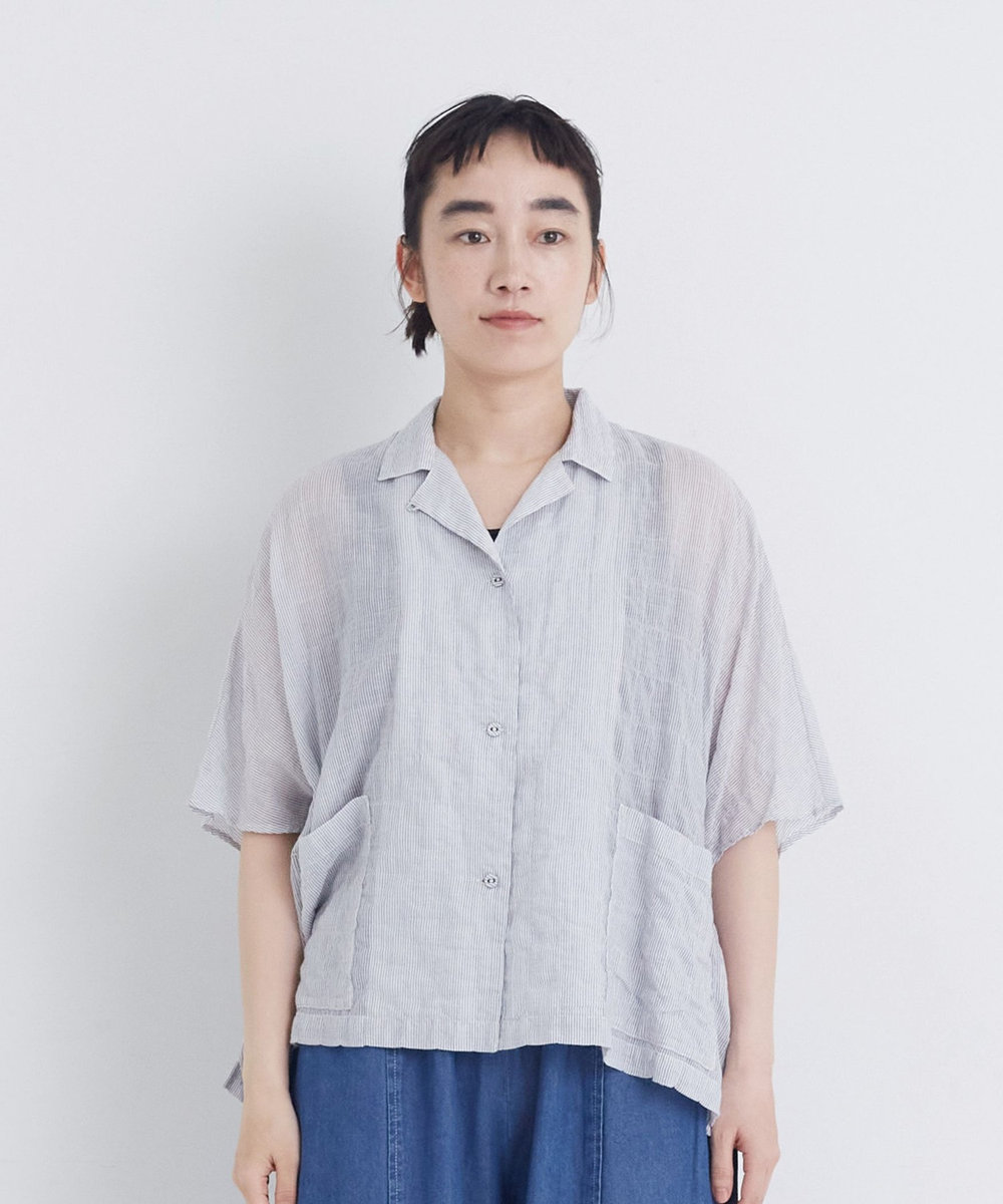 congés payés ADIEU TRISTESSE 【FAVE】シャーリングオープンカラーシャツジャケット ストライプ