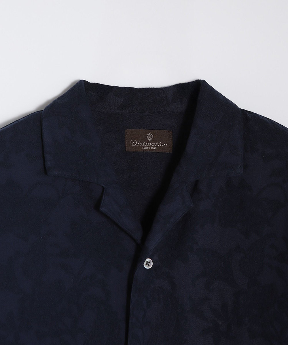 MEN'S BIGI ペイズリージャカード/透かし柄オープンカラー半袖シャツ ネイビー