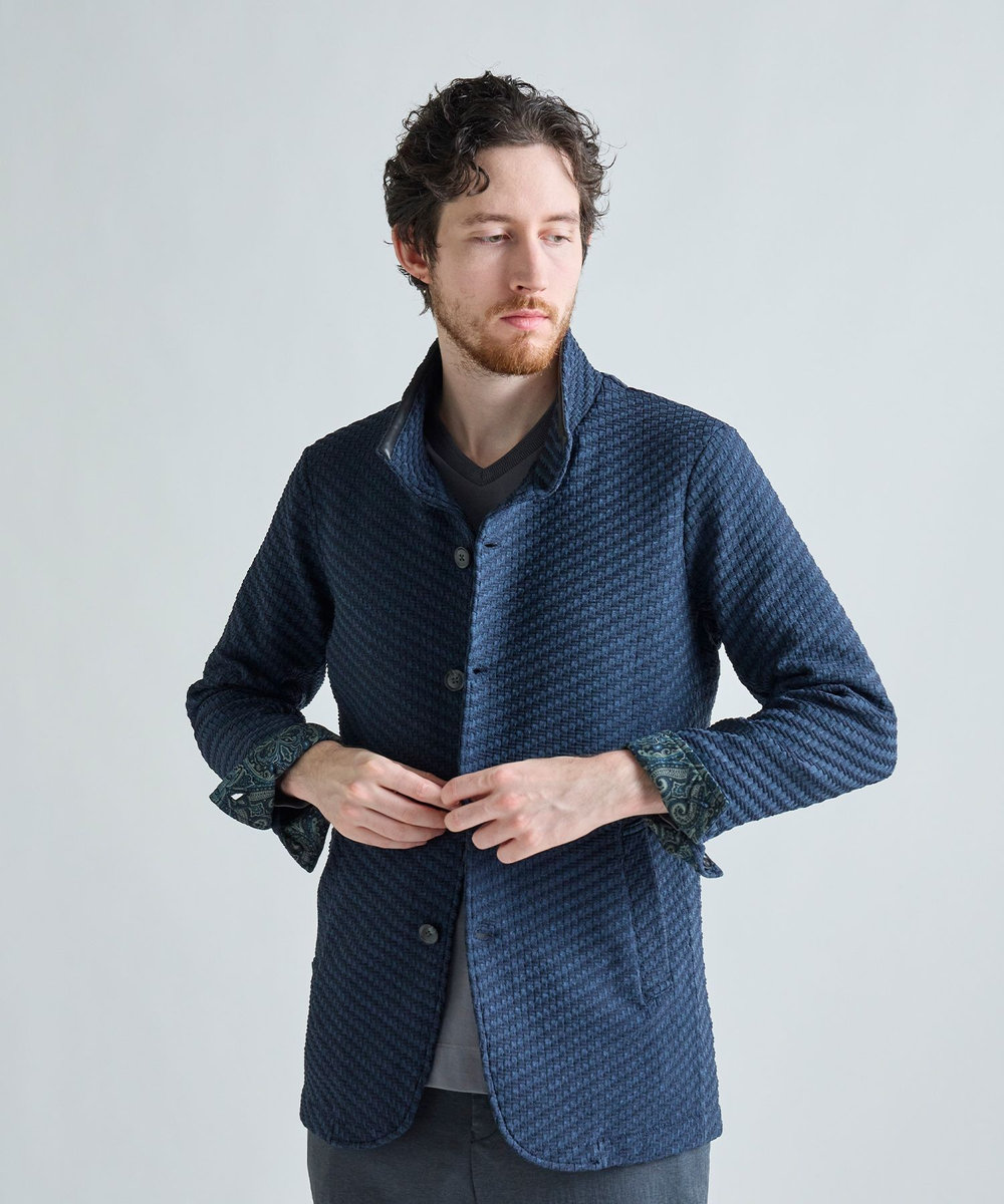 MEN'S BIGI ブリスターニットジャカード スタンドジャケット ネイビー