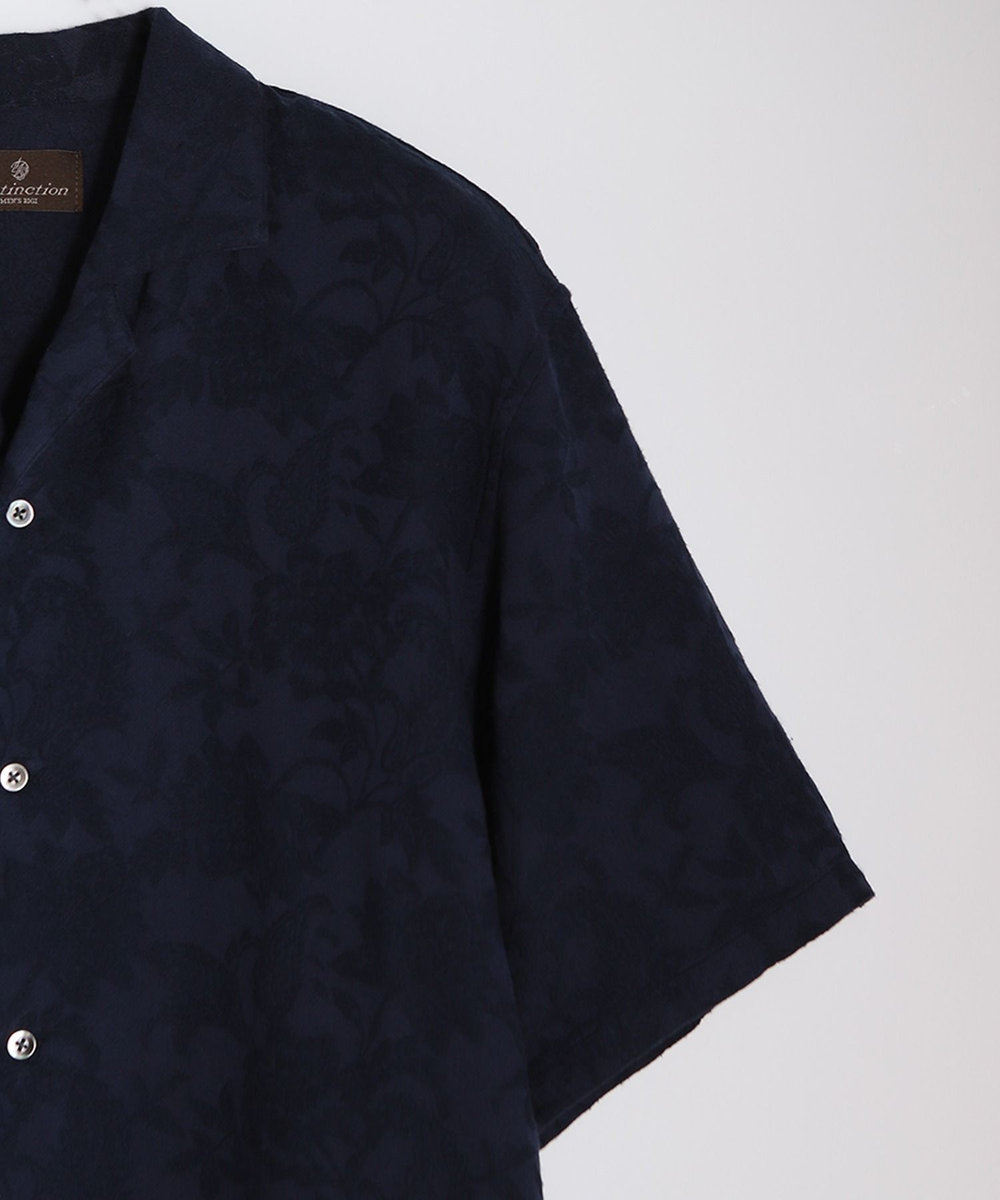 MEN'S BIGI ペイズリージャカード/透かし柄オープンカラー半袖シャツ ネイビー