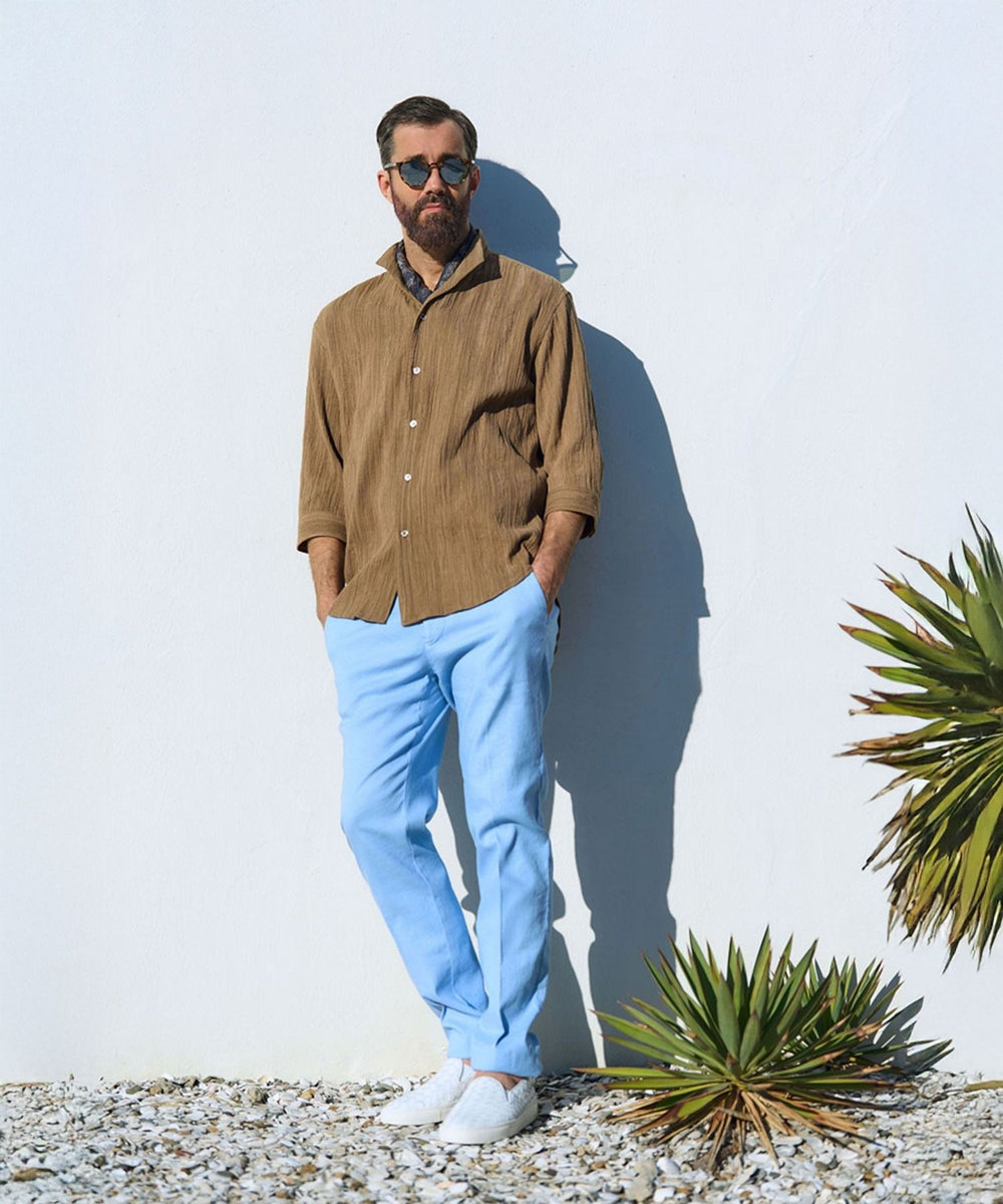 MEN'S BIGI 総柄シアージャカード7分袖オープンカラーシャツ ブラウン