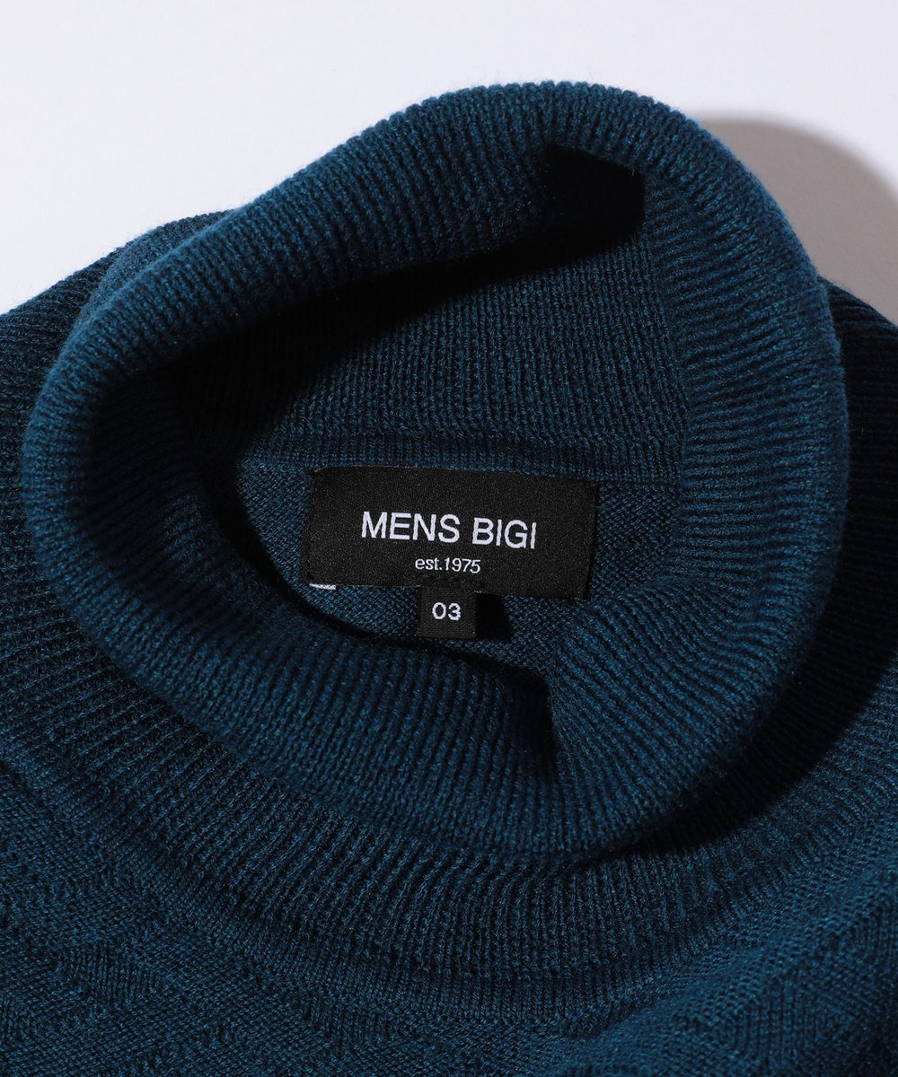 MEN'S BIGI ランダムヘリンボン編み12Gジャカードハイネックニット エメラルド