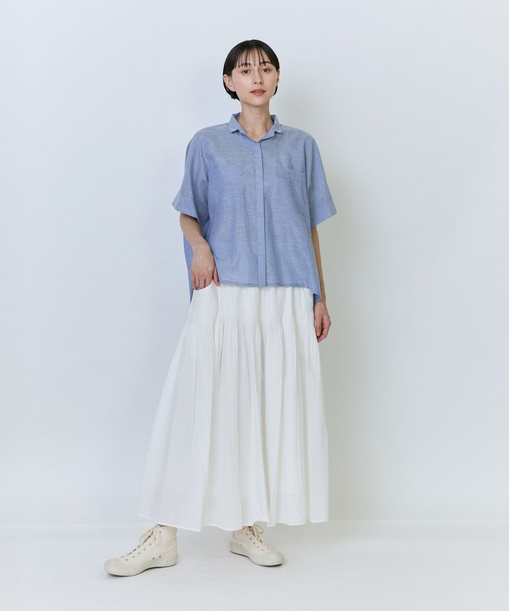 LOISIR エステル綿麻ローンオーバーシャツ サックスブルー