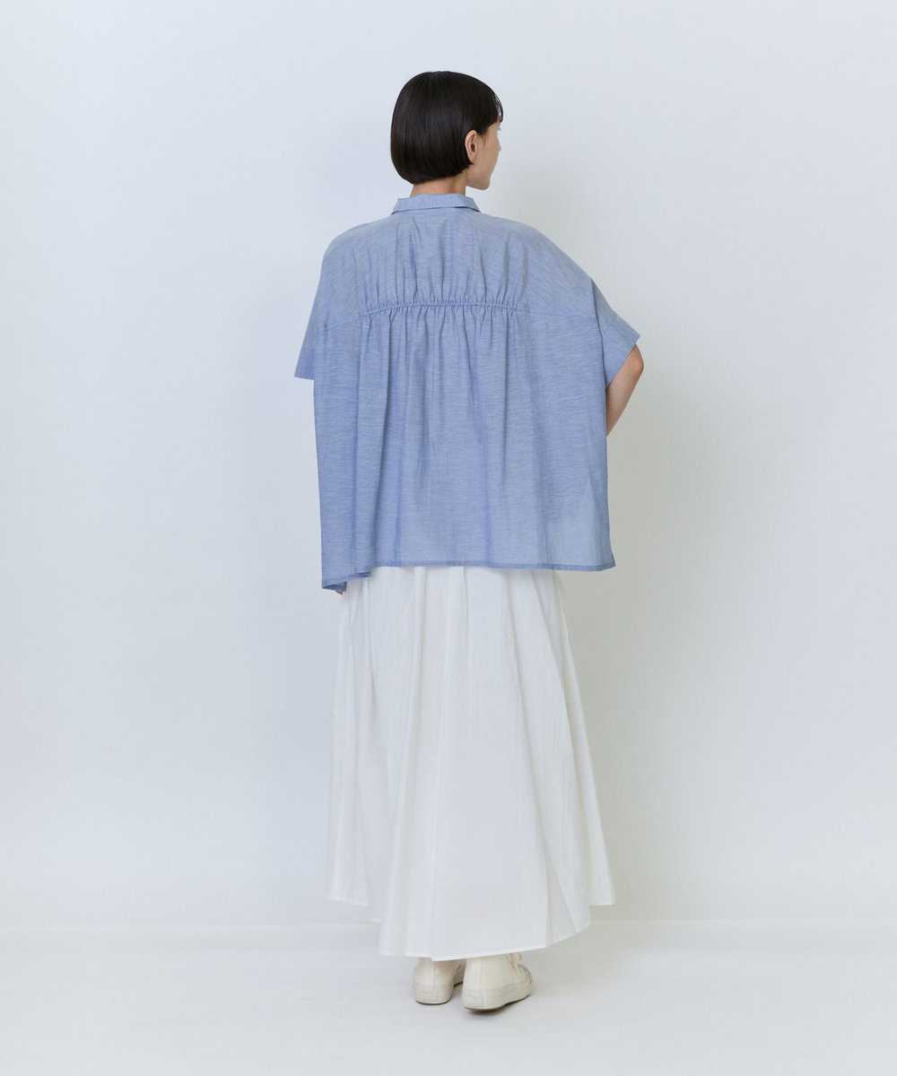 LOISIR エステル綿麻ローンオーバーシャツ サックスブルー
