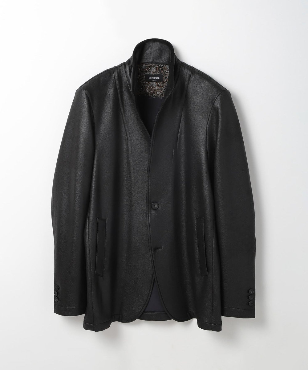 MEN'S BIGI レザー調ダンボールジャージスタンドカラージャケット ブラック