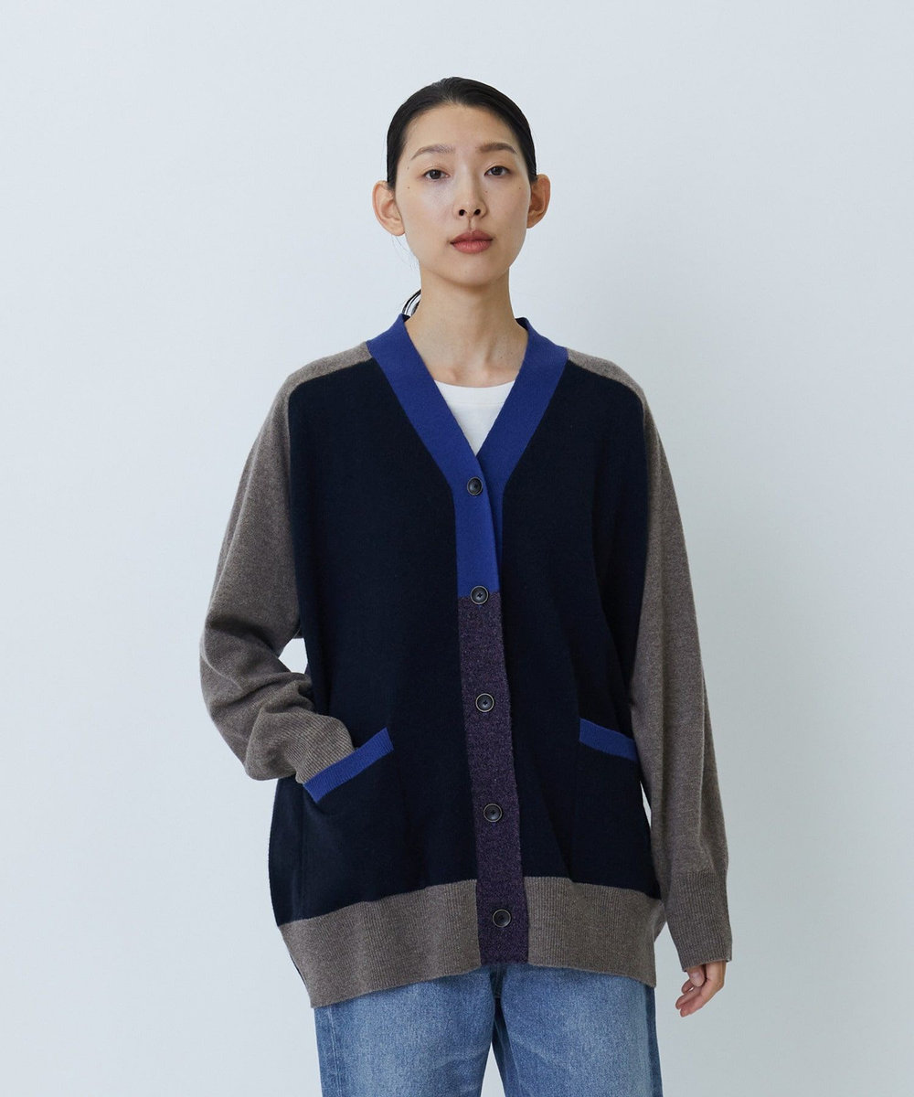LOISIR カシミヤ混天竺パッチワークカーディガン ネイビー