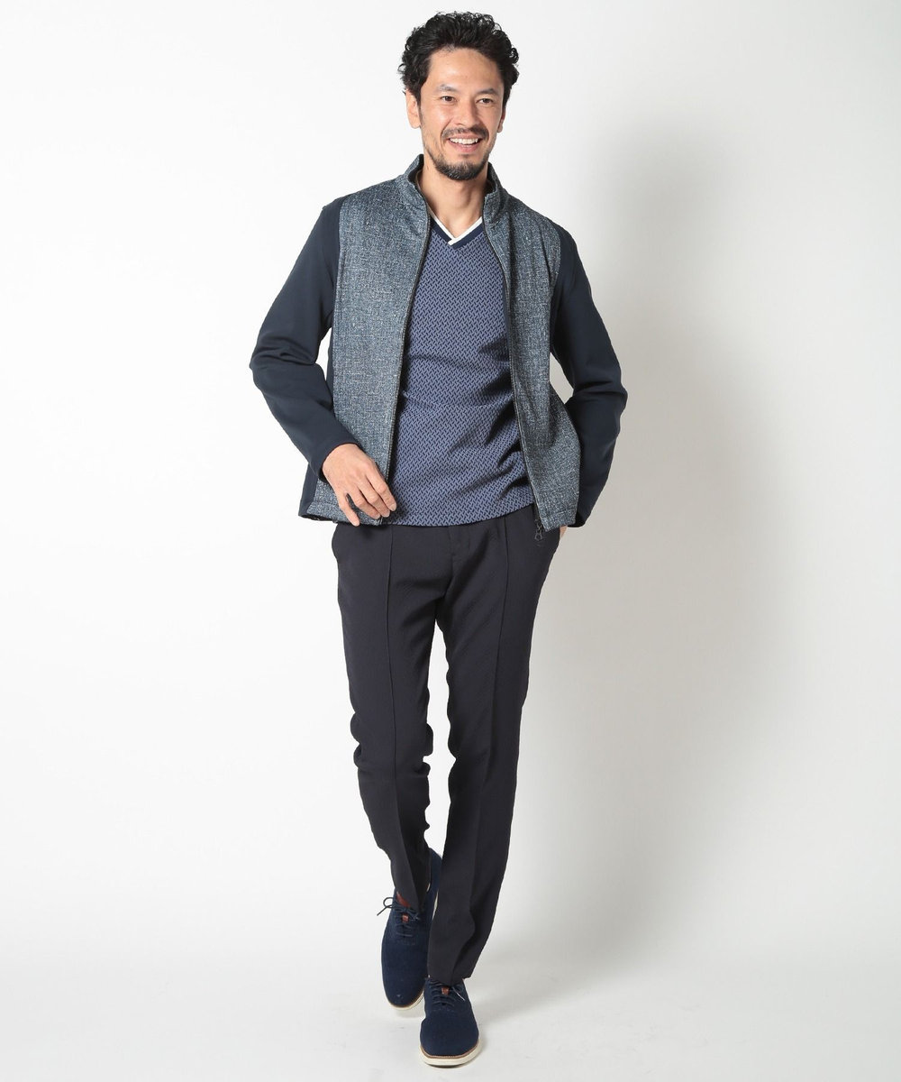 MEN'S BIGI 膨れジャカードVネックTシャツ ネイビー