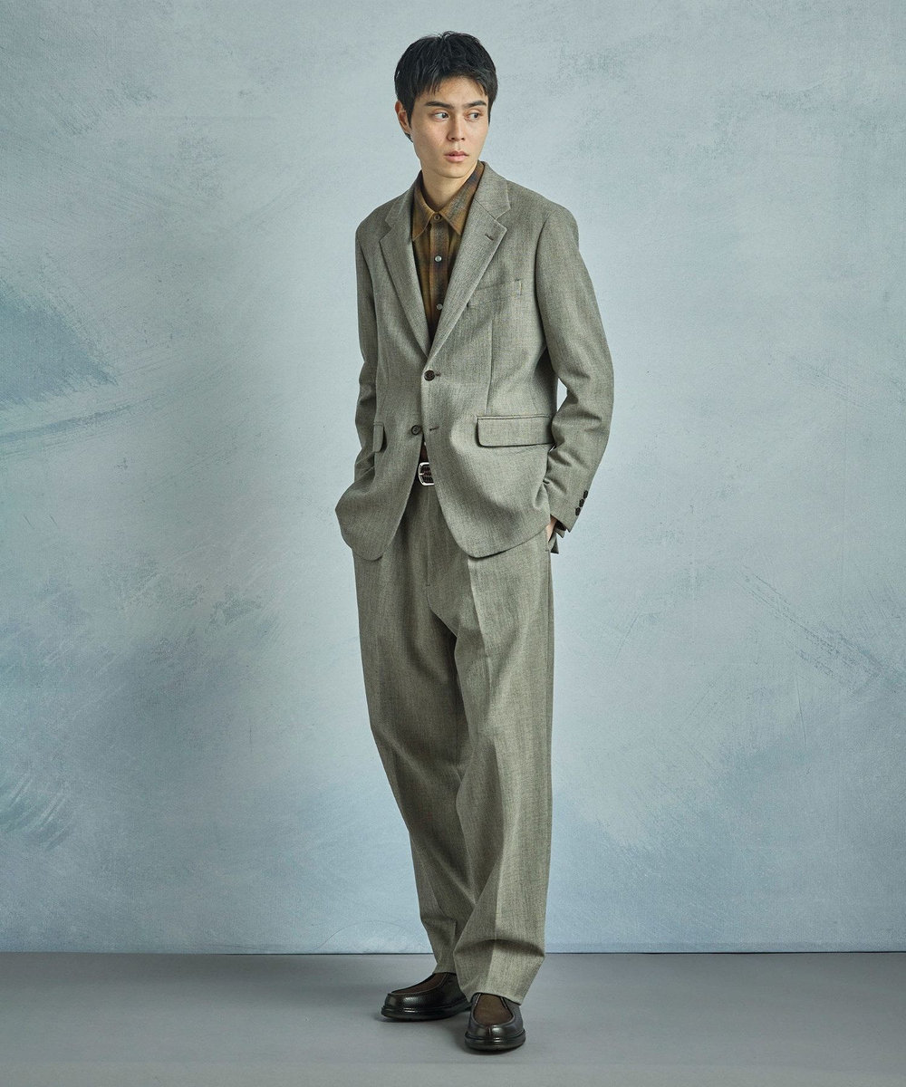MEN'S BIGI 二重織ヘリンボーン テーパードワイドパンツ＜2WAYストレッチ＞ ベージュ
