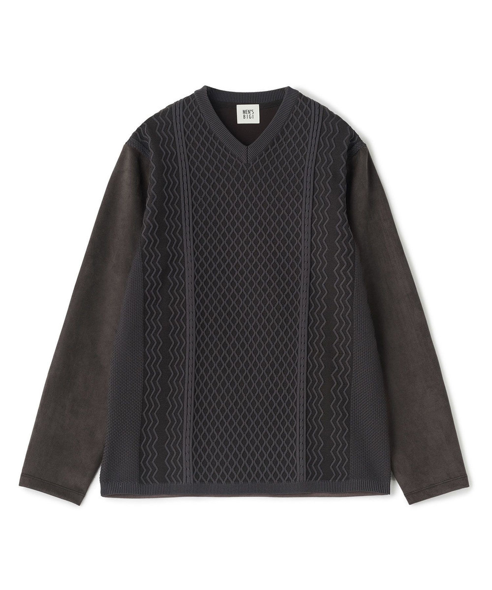 MEN'S BIGI アランパネル ニットコンビVネックロングTEE ブラウン
