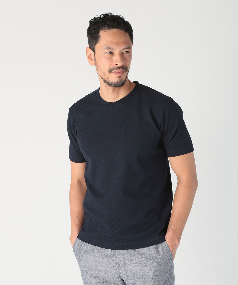 MEN'S BIGI シェブロン柄リンクスジャカードTシャツ<接触冷感><抗菌防臭> ダークネイビー
