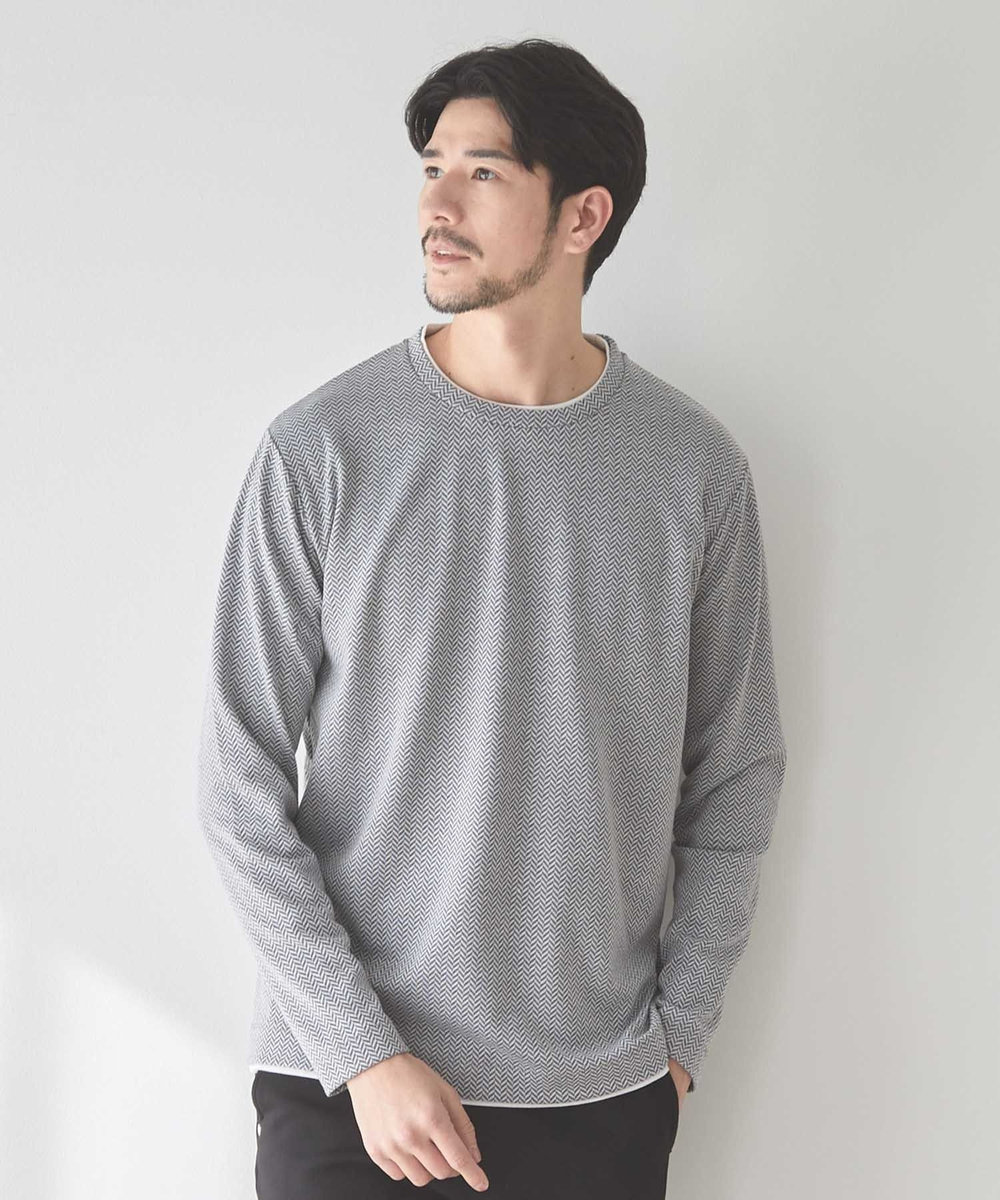 UNION STATION ウェーブジャガード柄フェイクレイヤードクルーTee グレー