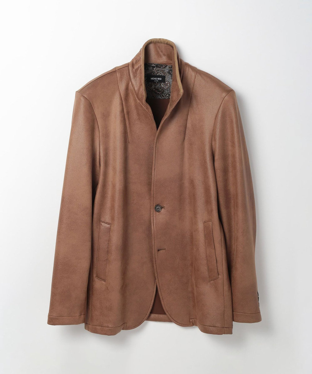 MEN'S BIGI レザー調ダンボールジャージスタンドカラージャケット ブラウン