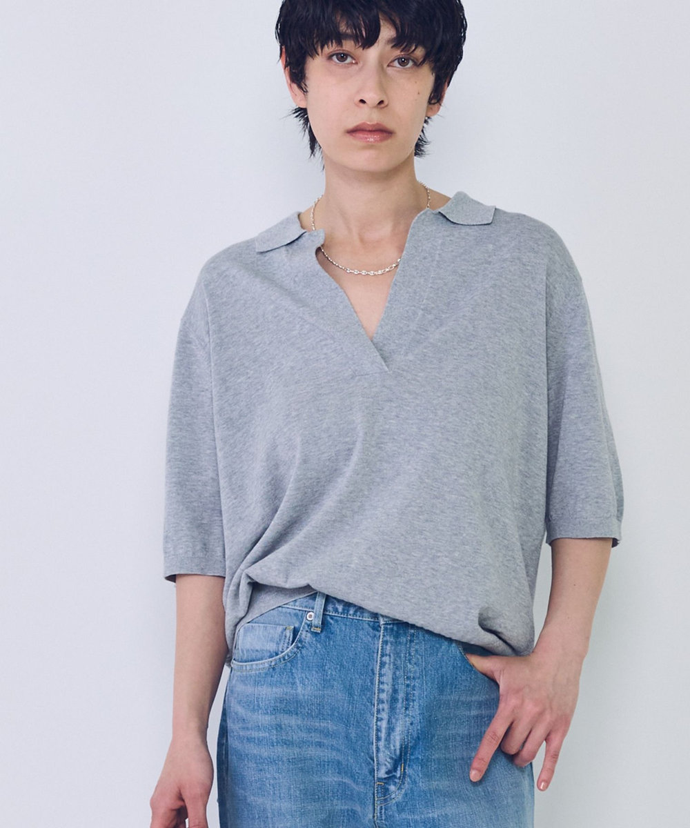 1er Arrondissement スキッパーショートスリーブニット トップグレー