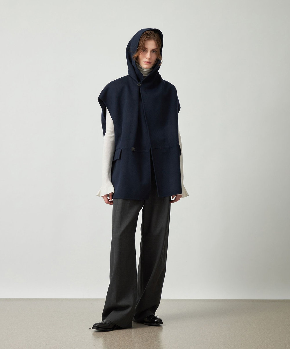 DÉPAREILLÉ DOUBLE FACE BEAVER PONCHO GILET / ダブルフェイスビーバーポンチョジレ ネイビー
