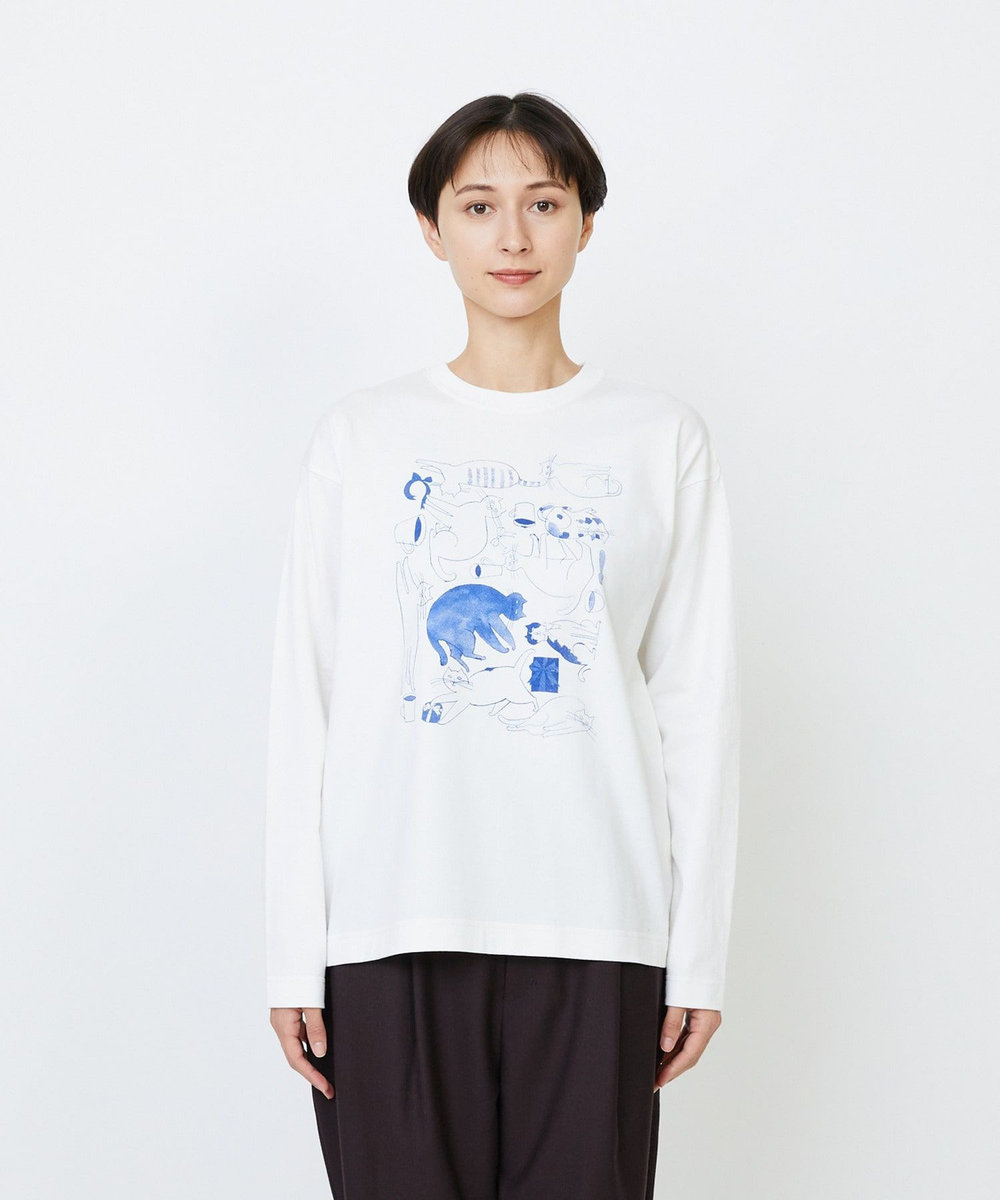 LOISIR 【EC限定・アーティストコラボ】LOISIR×TORANEKOBONBON CATプリントロングスリーブTシャツ オフホワイト