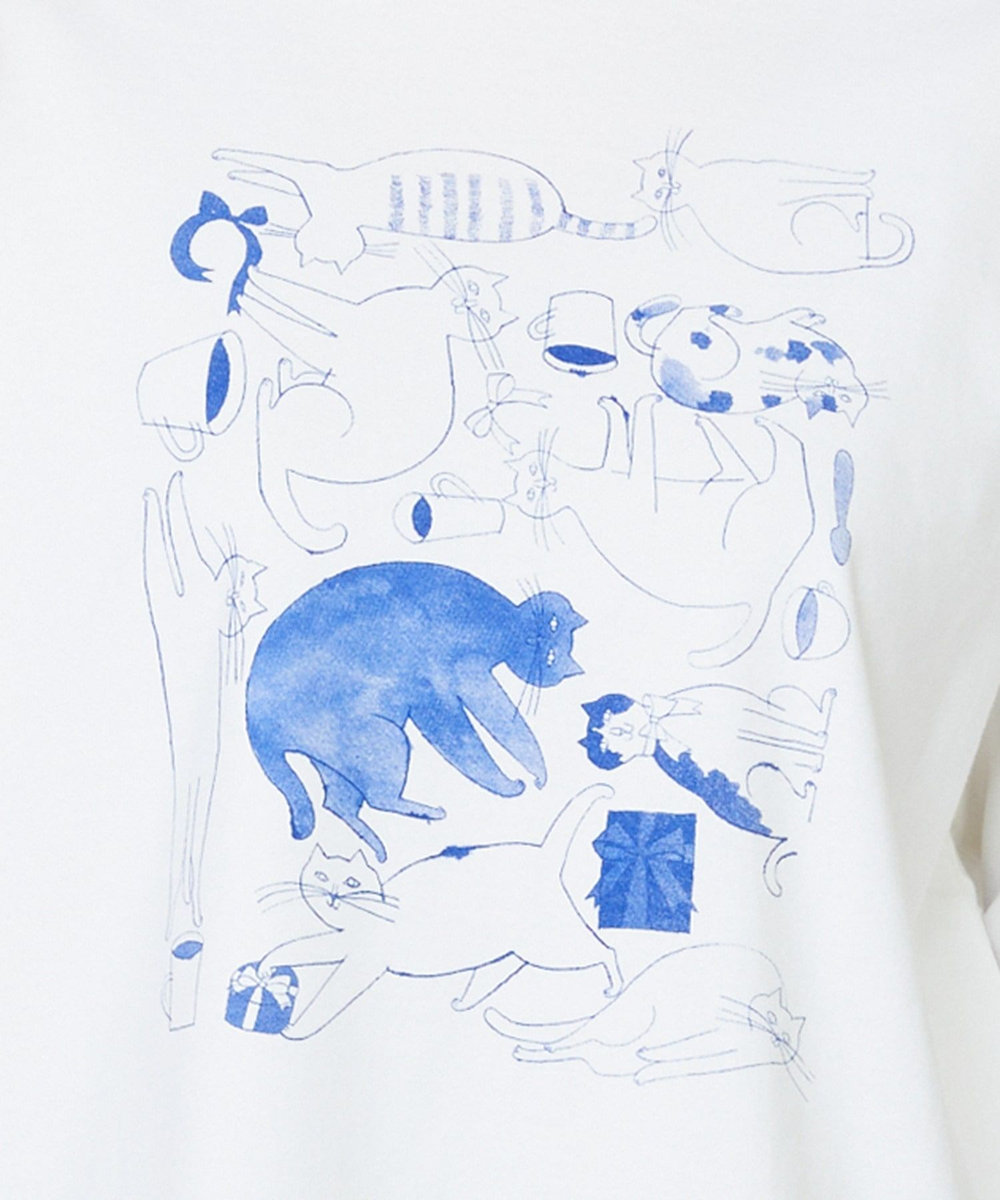 LOISIR 【EC限定・アーティストコラボ】LOISIR×TORANEKOBONBON CATプリントロングスリーブTシャツ オフホワイト