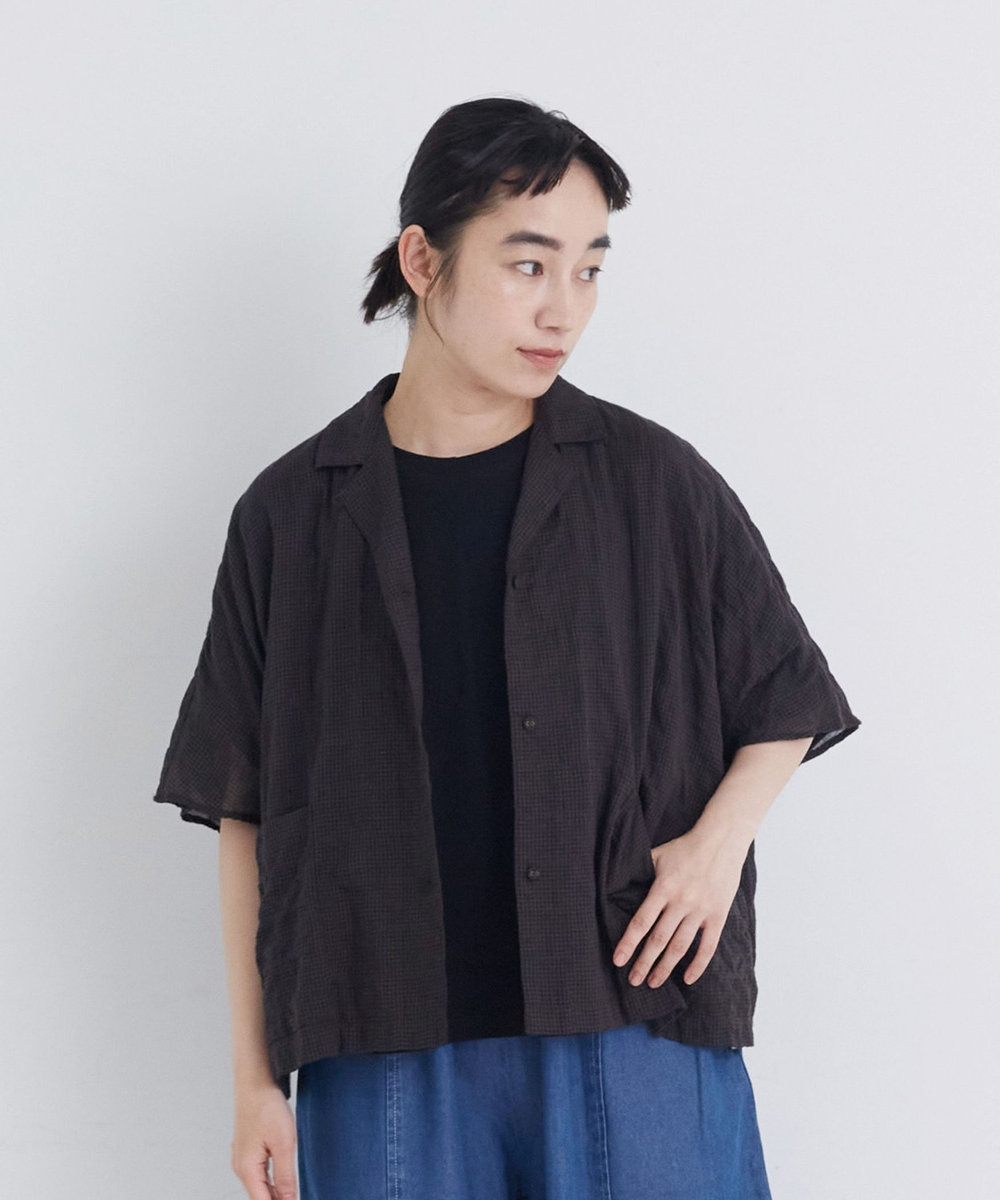 congés payés ADIEU TRISTESSE 【FAVE】シャーリングオープンカラーシャツジャケット ブラウン系その他