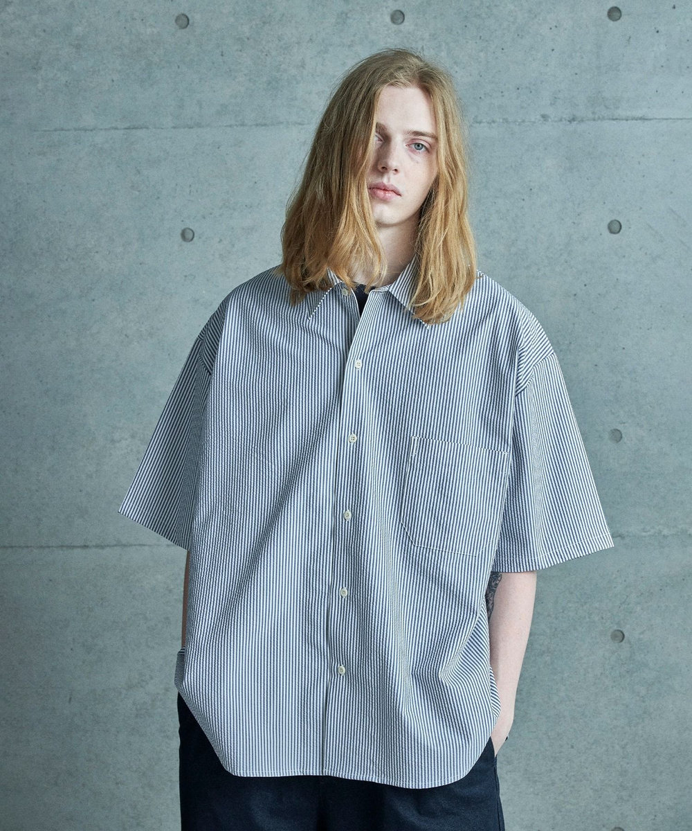 MEN'S BIGI 4WAYサッカーストライプシャツ<ストレッチ><EASY CARE> ブルー